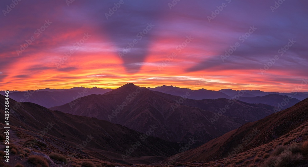 Naklejka premium Spectacular Sunset over Majestic Mountain Ranges A Breathtaking Panorama of Nature's Majesty