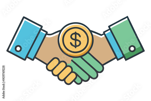 Handshake with dollar coin, signifying financial transaction, partnership, business deal, and successful negotiation in a corporate setting