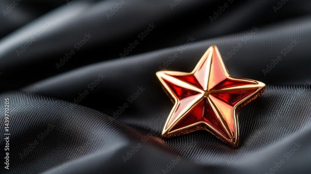 Fototapeta premium This bright star brooch, prominently displayed on elegant fabric, captures the essence of achievements, festivity, and nostalgia in a sophisticated manner.