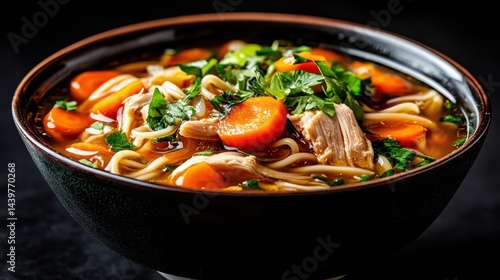 A steaming bowl of chicken noodle soup filled with tender chicken pieces, vibrant carrots, and fresh parsley, perfect for a comforting meal on a chilly day or anytime cravings strike.