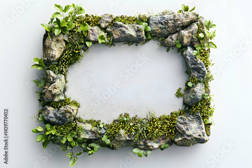 Moss Covered Stone Frame with Floral Design on White