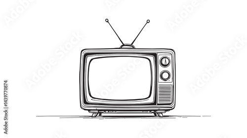 An old vintage retro tv line art drawing in detailed style