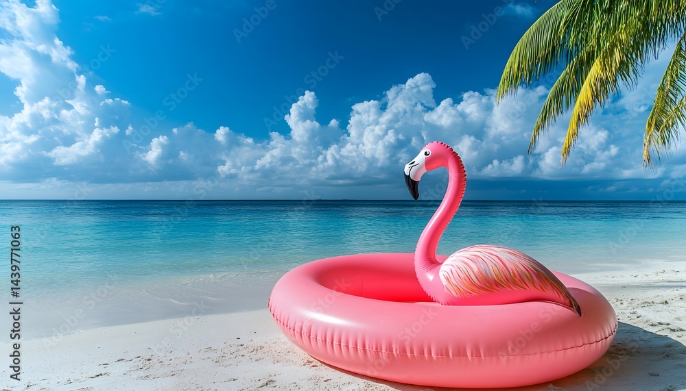 A pink flamingo pool float on a tropical white sand beach