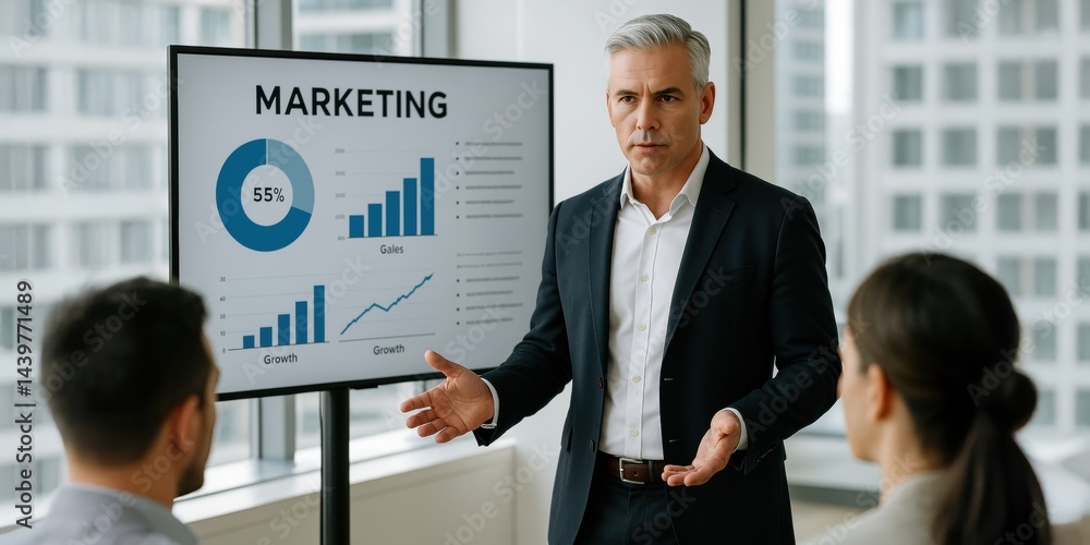 Professional in suit explains campaign growth statistics using marketing charts during team presentation. Concept of data-driven marketing, strategy delivery, and corporate teamwork.
