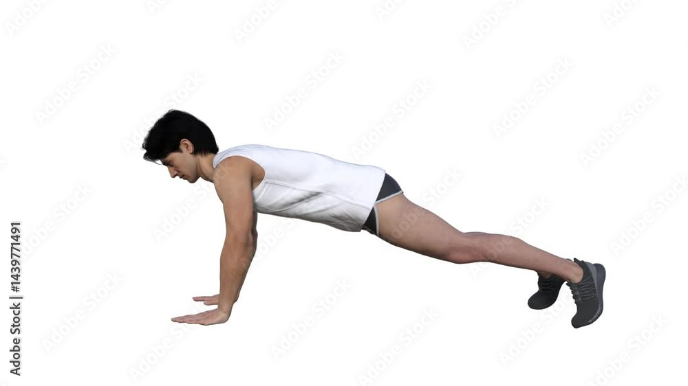 3D render : a male character performs push-up with the isolated white background, sideview
3D render : a male character performs push-up with the isolated white background, sideview