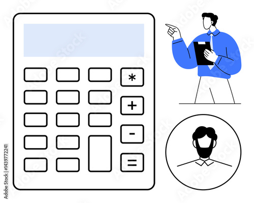 Large calculator dominates frame with buttons for basic functions, alongside a professional holding a tablet and an illustrated portrait. Ideal for finance, accounting, calculations, analytics