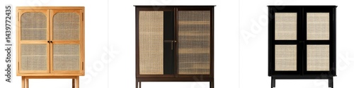 Three stylish cabinets with rattan insets, various wood finishes and leg styles