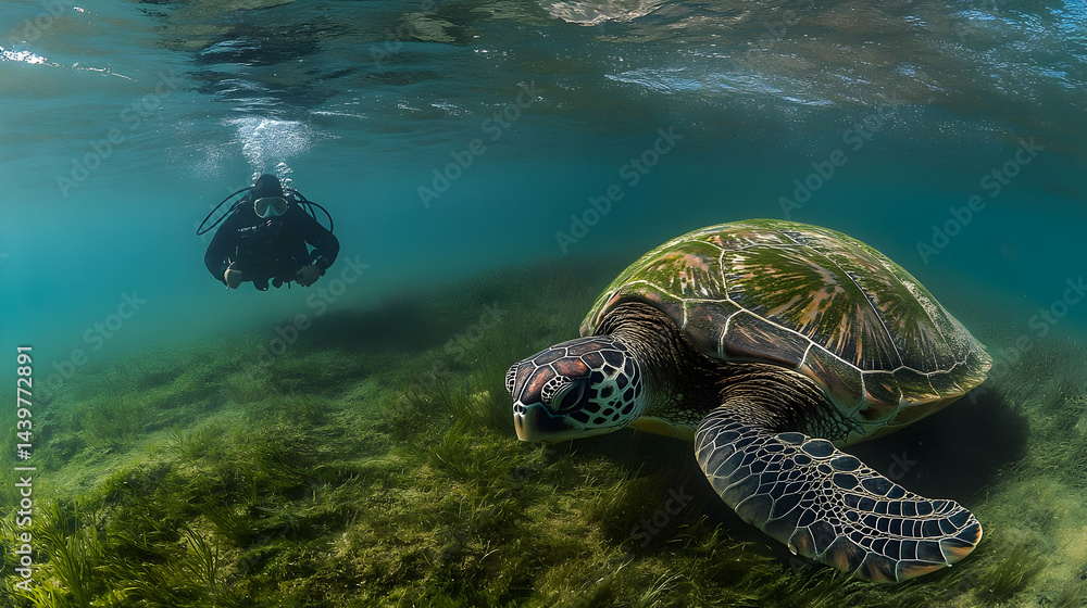 Fototapeta premium Stunning Underwater Shot of a Green Sea Turtle and Scuba Diver