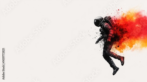 Watercolor painting of a futuristic astronaut floating in a wash of cosmic colors on an absolutely white background.