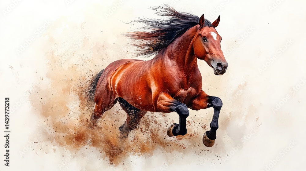 Fototapeta premium Watercolor painting of a galloping horse, its mane merging with a stormy sky on an absolutely white background.