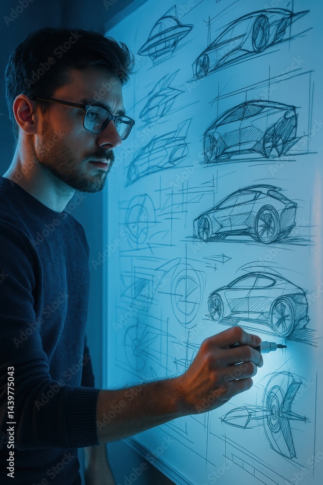 Man in glasses sketching futuristic car designs on whiteboard in blue light atmosphere, focusing on precision and innovation. Concept of business, marketing, office.