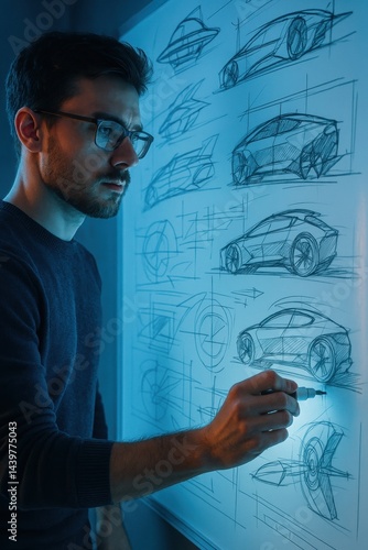 Obraz na płótnie Man in glasses sketching futuristic car designs on whiteboard in blue light atmosphere, focusing on precision and innovation. Concept of business, marketing, office. w salonie