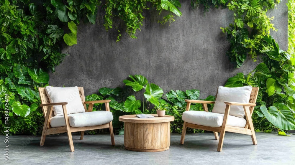 Fototapeta premium Cozy modern patio with wood seating set, two chairs and a small round table, green vines in background