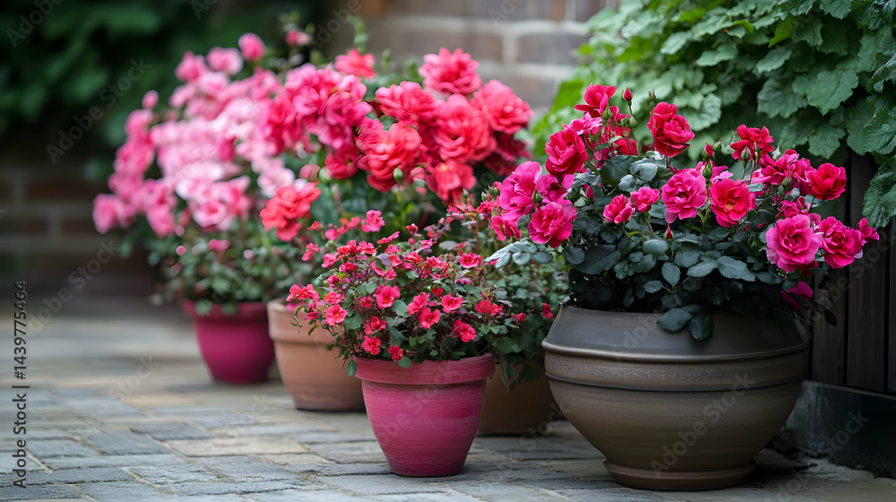 Vibrant Pink and Red Roses in Terracotta Pots Vibrant Pink and Red Roses in Terracotta Pots