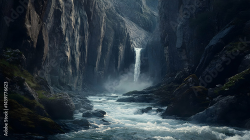 Majestic Waterfall in a Dark River Canyon