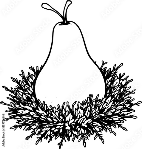 Stylized White Pear With Branches On White Background Artistic Illustration Design Element