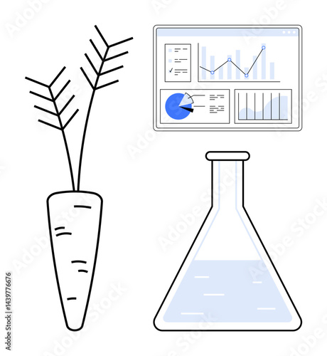 Root vegetable, transparent flask with liquid, and analytics dashboard with charts. Ideal for agriculture, biotechnology, sustainability, data analysis, science education, innovation simple landing