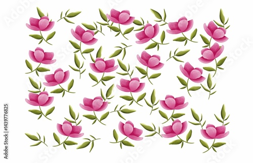 Illustration with bright pink flowers and green leaves on a white background. Delicate floral compositions create an atmosphere of freshness, romance, and natural beauty. Perfect for design and decora