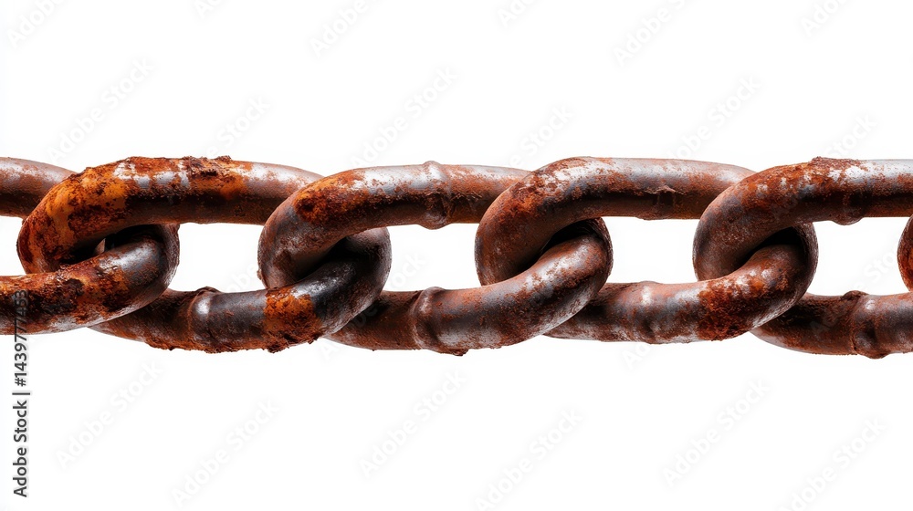 A detailed close-up of rusted chain links on a white background, showcasing the beauty of decay and the history held within the links, perfect for industrial and artistic themes. A detailed close-up of rusted chain links on a white background, showcasing the beauty of decay and the history held within the links, perfect for industrial and artistic themes.