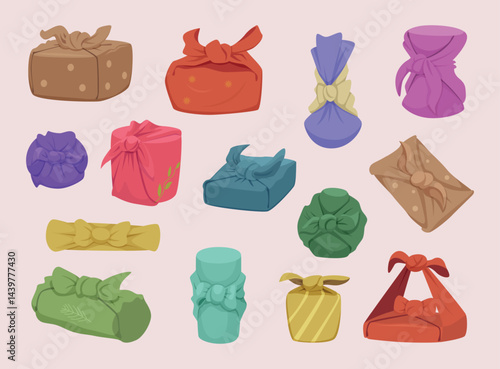 Furoshiki. Traditional asian gifts in textile wrapped packages exact vector templates