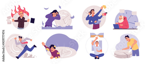 Bad time managements. Multitasking problems frustrated business characters filing works exact vector concept set in cartoon style