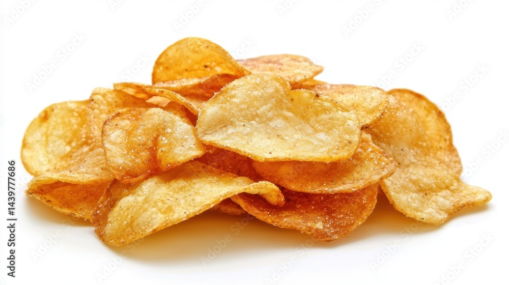 Crispy potato chips arranged in a pile on a clean white background during daylight hours Crispy potato chips arranged in a pile on a clean white background during daylight hours