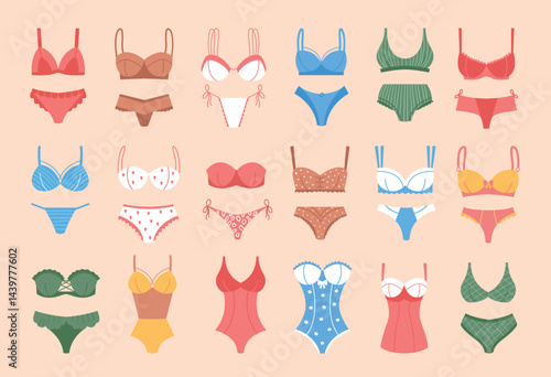 Woman panties. Beauty set of fashioned lingerie brassieres panties and swimsuit recent vector illustrations in cartoon style