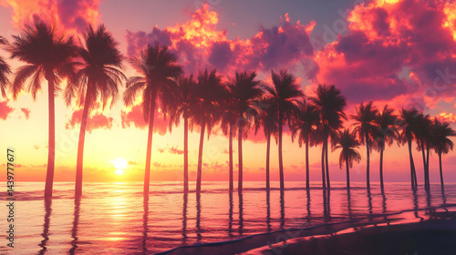 Stunning Sunset over Tropical Beach with Palm Trees