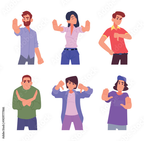 Negative gestures. People rejection signs using hands and fingers exact vector set of different emotional gestures