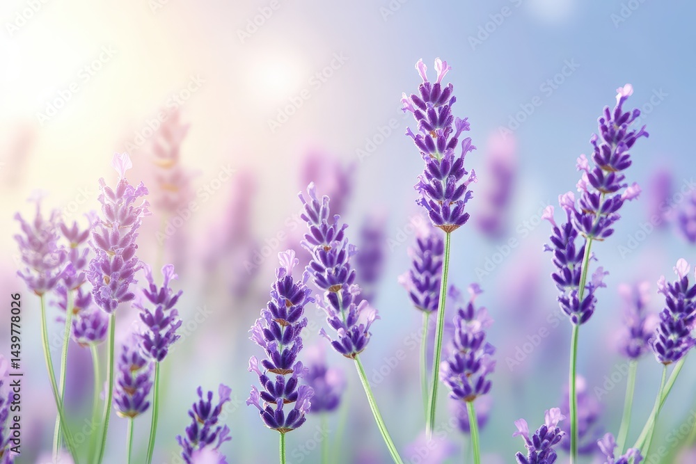 Lush lavender blooms in a sunlit field. Lush lavender blooms in a sunlit field.