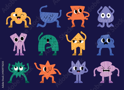 Geometric faces. Abstract characters with different emotions recent vector geometric shapes with eyes