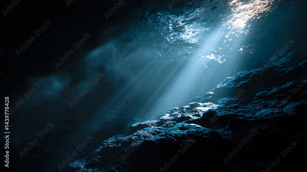Dramatic Underwater Cavern with Ethereal Light and Misty Atmosph
