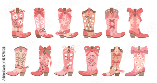 Cowgirl shoes. Modern western cowgirl boots for rodeo recent vector cute set in flat style