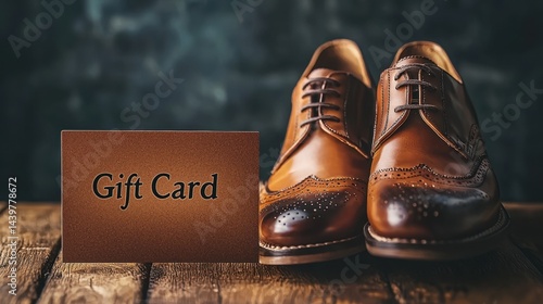 Elegant brown shoes displayed on a wooden surface next to a gift card for special occasions and stylish fashion