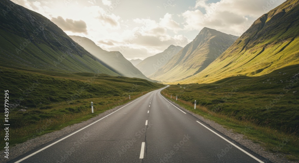 Naklejka premium Scenic Mountain Road Through Lush Green Valley at Sunset