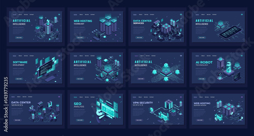 Large set of isometric landing page template. Modern technology concept for data center, web hosting, and artificial intelligence. Isometric technology