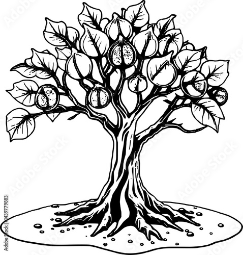 Stylized Artistic Tree Illustration With Yellow Leaves And Orange Fruits Isolated