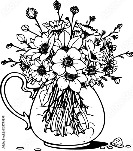 Anemone Flowers in a Pitcher with Honey Colored Liquid, Black and White Line Art Design