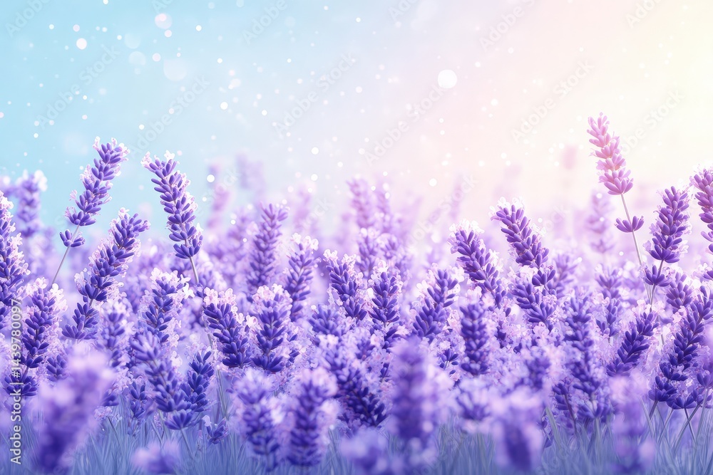 Naklejka premium A vibrant field of lavender blossoms under a soft sky.