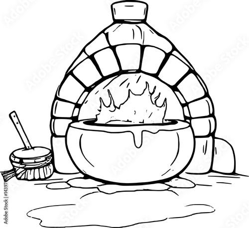 Cartoon Sauna with Fiery Pot, Broom, and Amber Liquid Puddle, Isolated on White Background