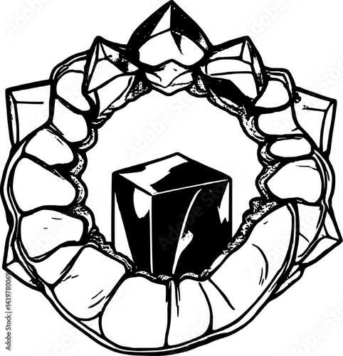 Mystical Crystals: Purple Amethyst, Golden Geode, and Black Obsidian Cube Illustration
