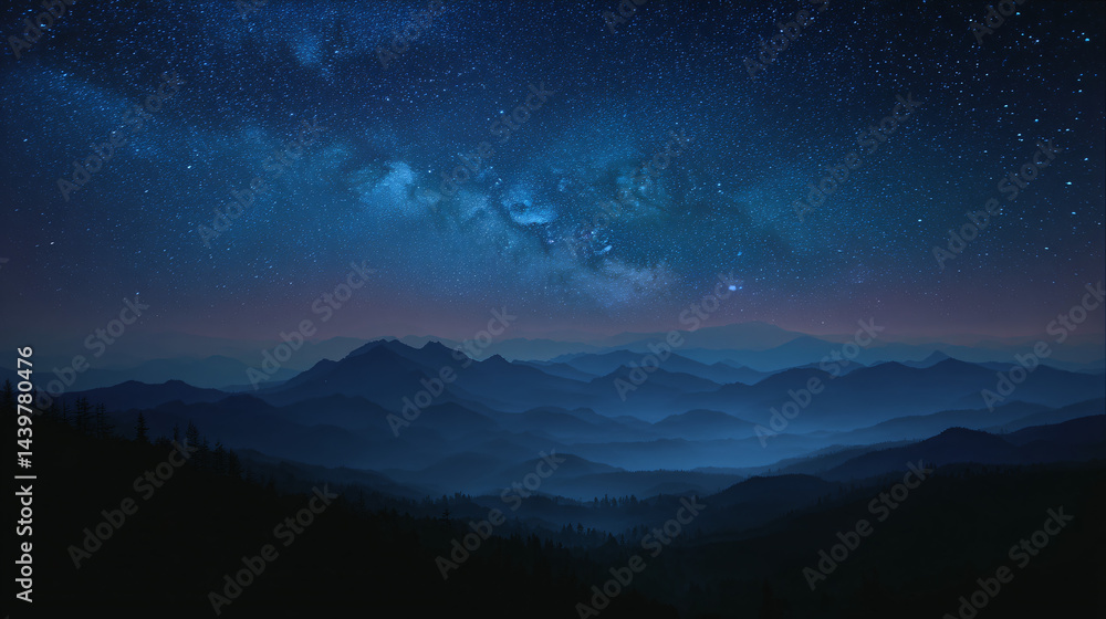 Dreamy Night Sky Over Mountainous Landscape with Starry Illumina