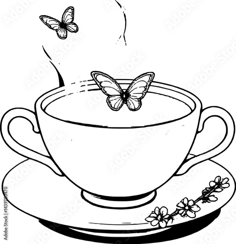 Whimsical Cup Of Tea Illustration With Butterflies And Lavender On A White Background