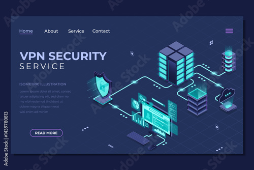 Isometric VPN security landing page. Cyber security. Digital technology website landing page. Isometric technology