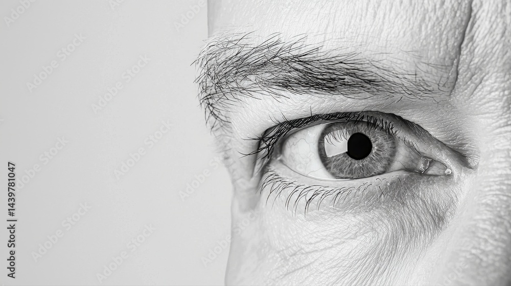 Fototapeta premium Close-up of a Human Eye in Black and White eye close-up macro human eye iris pupil eyelashes eyebrow