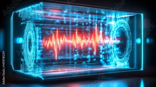 Obraz na płótnie Visualization of sound wave interference in a holographic display within a modern laboratory setting w salonie