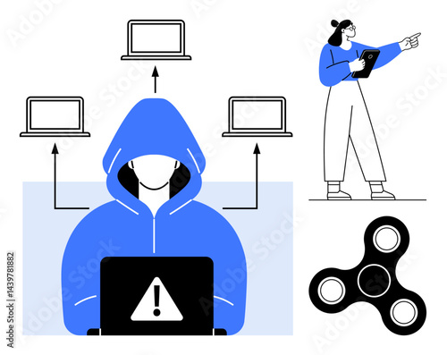 Hooded figure with alert laptop, connected computers, and professional analyzing with tablet fidget spinner. Ideal for cybersecurity, hacking, data breach, online threat, IT security, analysis