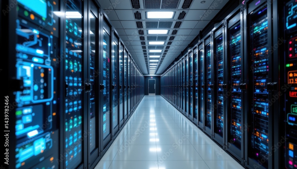 Fototapeta premium long modern hallway lined with rows of high tech servers, glowing lights emphasizing the power and energy of data centers.