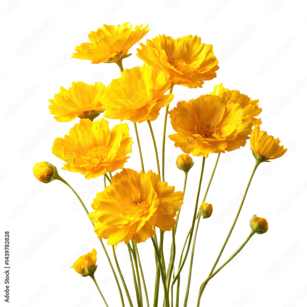 Obraz premium Bright yellow coreopsis blooms bouquet on transparent background
