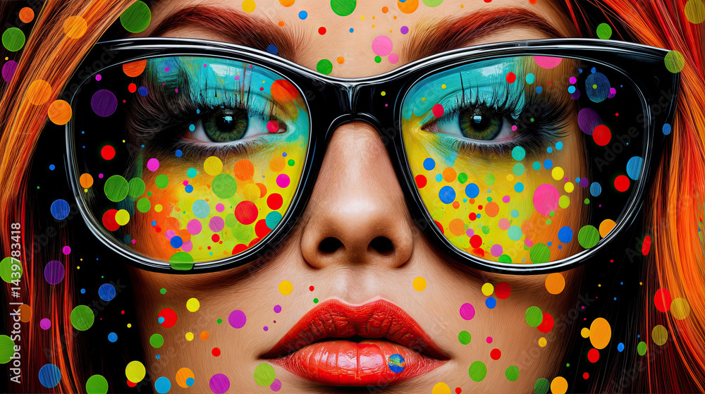 A woman's face, detailed with colorful polka dots, is framed by dark glasses, showcasing a playful and expressive style.